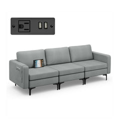 Convertible Leather Sofa Couch with Magazine Pockets 3-Seat with 2 USB Port