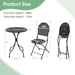3 Piece Metal Bistro Patio Round Table and 2 Folding Chairs Set