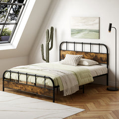 Queen Size Industrial Metal Platform Bed Frame with Headboard Mattress Foundation-Coffee