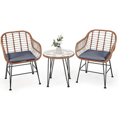 3 Pieces Patio Rattan Bistro Set with Cushion