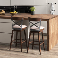 Set of 2 Wooden Swivel Bar Stools with Cushioned Seat and Open X Back