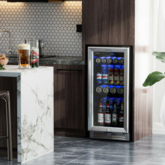 15 Inch 100 Can Built-in Freestanding Beverage Cooler Refrigerator with Adjustable Temperature and Shelf