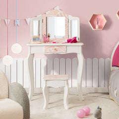 2-in-1 Kids Vanity Table Set with Tri-folding Mirror