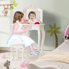 2-in-1 Kids Vanity Table Set with Tri-folding Mirror