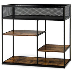 4-Tier Industrial Console Table with Wire Basket and shelf In Rustic Brown