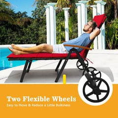 Folding Patio Rattan Lounge Chair with Wheels