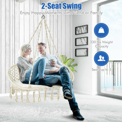 2 Person Hanging Hammock Chair Macrame Swing with Zippered Cushion