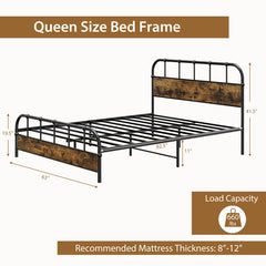 Queen Size Industrial Metal Platform Bed Frame with Headboard Mattress Foundation-Coffee
