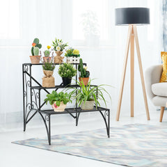 3-Tier Metal Plant Stand with Widened Grid Shelf for Porch Garden