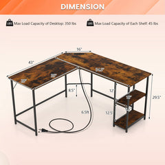 L Shaped Computer Desk with 2 Outlets and 2 USB Ports