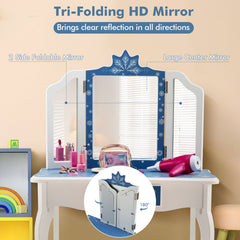 Princess Vanity Table and Chair Set with Tri-Folding Mirror and Snowflake Print