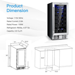 15 Inch 30-Bottle Stainless Steel Wine Cooler with Temperature Memory