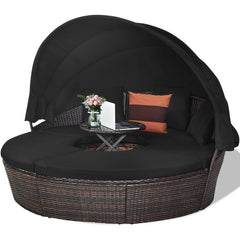 Patio Round Rattan Daybed with Retractable Canopy and Height Adjustable Coffee Table