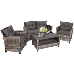 4 Pieces Patio Rattan Furniture Set with Coffee Table and Cushioned Sofa