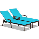 2 Pieces Patio Rattan Reclining Chaise Lounge Chair with Cushion and Armrest