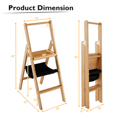 3 Step Foldable Bamboo Step Ladder Stool with Tool Storage Bag