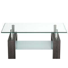 Rectangular Tempered Glass Coffee Table End Side Table with Shelf