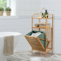 Tilt-out Bamboo Laundry Hamper with 2-Tier Shelf and Removable Liner