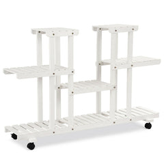 4-Tier Casters Rolling Flower Rack Wooden Plant Stand