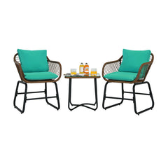 3 Pieces Patio Rattan Bistro Set with Cushions and Glass Table