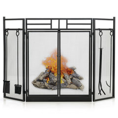3-Panel Folding Wrought Iron Fireplace Screen with Doors and 4 Pieces Tools Set