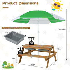 3-in-1 Kids Outdoor Picnic Water Sand Table with Removable Umbrella and Boxes