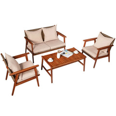4 Pieces Acacia Wood Patio Rattan Furniture Set with Zippered Cushions