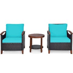 3 Pieces Patio Wicker Furniture Set with Washable Cushion and Acacia Wood Tabletop