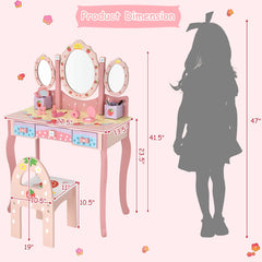 Kids Vanity Princess Makeup Dressing Table Chair Set with Tri-fold Mirror