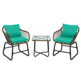 3 Pieces Patio Rattan Bistro Set with Cushions and Glass Table