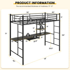 Twin Size Loft Bunk Bed with Desk Storage Shelf and Full-Length Ladders