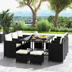11 Piece Patio Dining Set Wicker Chairs and Tempered Glass Table with Waterproof Cushions