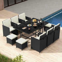 11 Piece Patio Dining Set Wicker Chairs and Tempered Glass Table with Waterproof Cushions