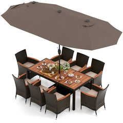 11 Pieces Patio Dining Set with 15 Feet Double-Sided Patio Umbrella and Base