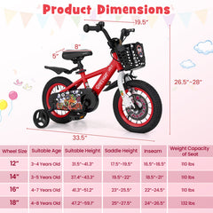 12/14/16/18 Inch Kids Bike Adjustable with Storage Basket and Double Brake for 3-8 Years Old
