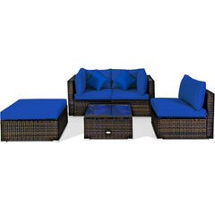 5 Pieces Outdoor Patio Rattan Furniture Set Sectional Conversation with Cushions