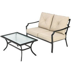 2 Pieces Patio Outdoor Cushioned Sofa Bench with Coffee Table