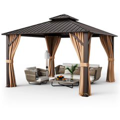 12 x 12 Feet Double-Roof Patio Hardtop Gazebo with Galvanized Steel Roof Netting and Curtains