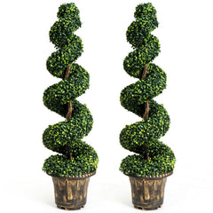 2 Pieces 4 Feet Artificial D茅cor Green Boxwood Spiral Tree Set
