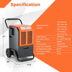 163 Pints Commercial Dehumidifier with Drain Hose and 24H Timer
