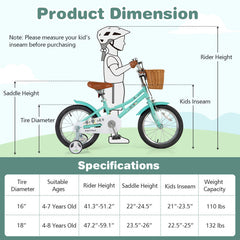 16/18 Inch Kids Bike Bicycle with Training Wheels and 2 Brake System Ages 4-8 Years Old