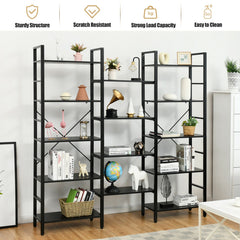 Vintage Industrial Style Triple Wide 5-Tier Bookcase with Metal Frame