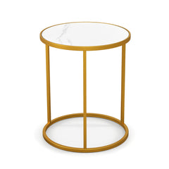 16 Inch Marble Top Round Side Table with Golden Metal Frame for Living Room Bedroom
