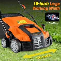 16-Inch Electric Lawn Dethatcher and Scarifier with Collection Bag