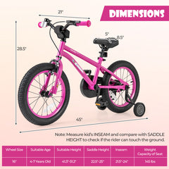 14/16/18 Inch Kids Bike for 3-8 Years Old Adjustable with Removable Training Wheels