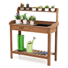 Outdoor Wooden Garden Table Work Station with Storage Shelves and Drawer