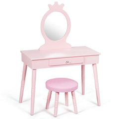 Kids Wooden Princess Makeup Table with Cushioned Stool