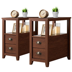 2 Pieces Space-saving Wooden Bed-side Nightstand Set with 2 Drawers