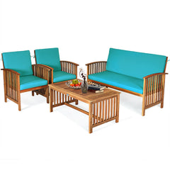 4 Pieces Patio Solid Wood Furniture Set with Water Resistant Cushions