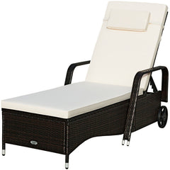 Patio Wicker Chaise Lounge Chair with Wheels Adjustable Reclining Chair with Cushions